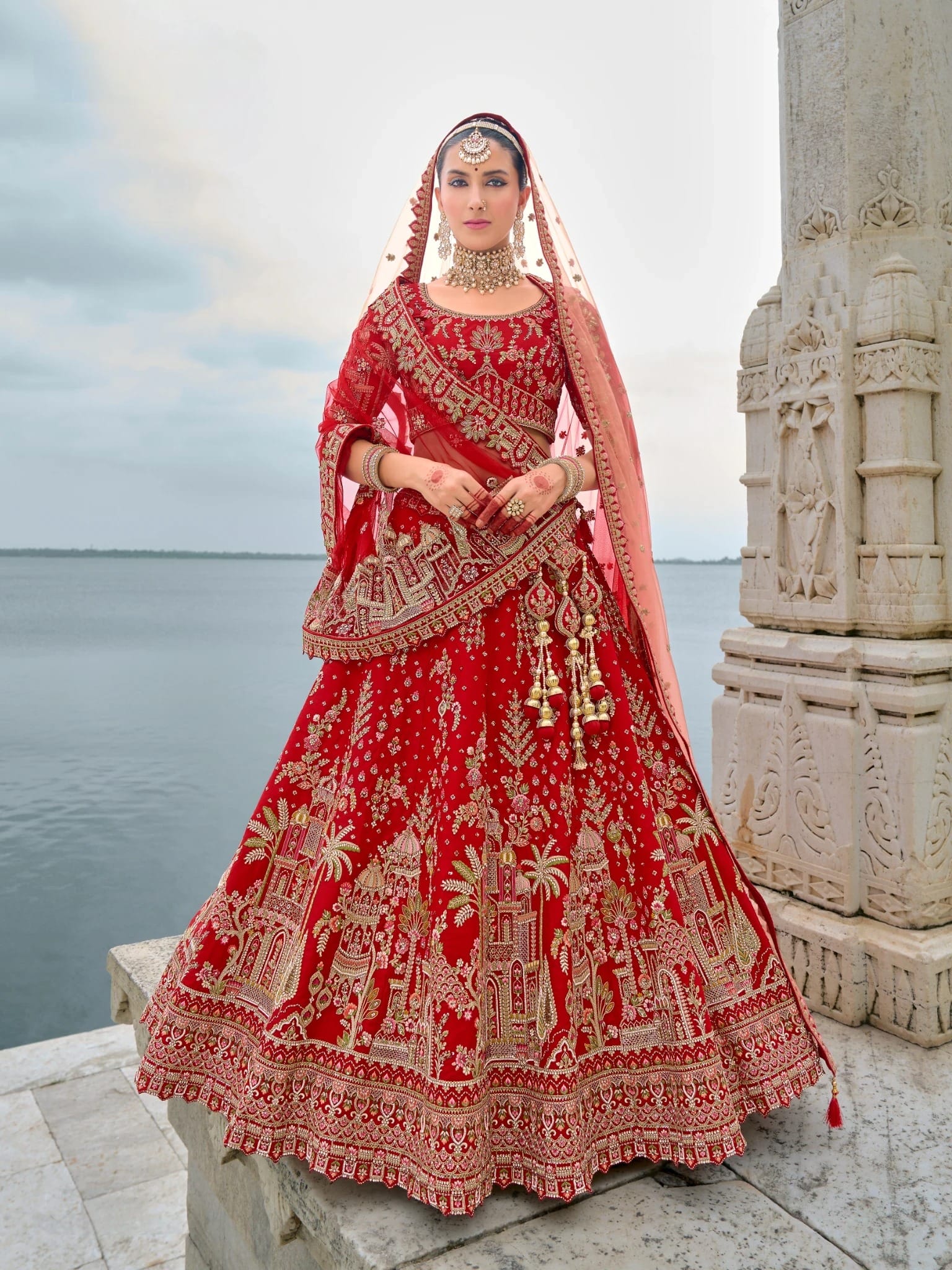 Ultimate Bridal Glam: Red Raw Silk Lehenga Set with Luxurious Net