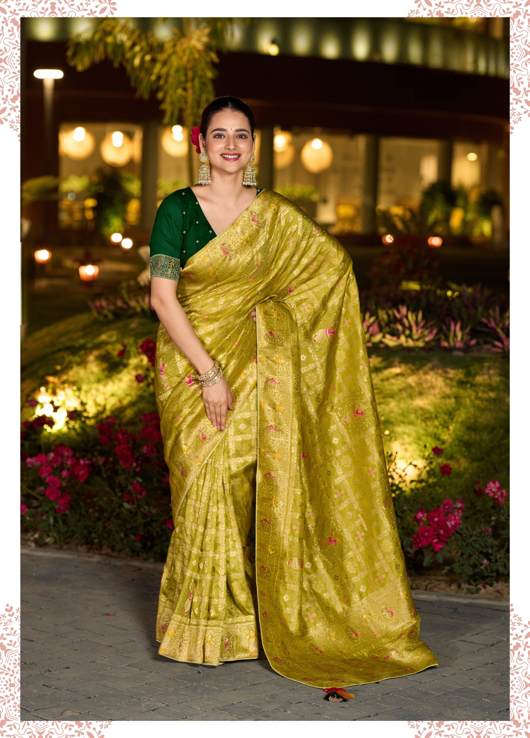 Radiant Yellow Saree with Contrast Soft Dola Silk Blouse Stone